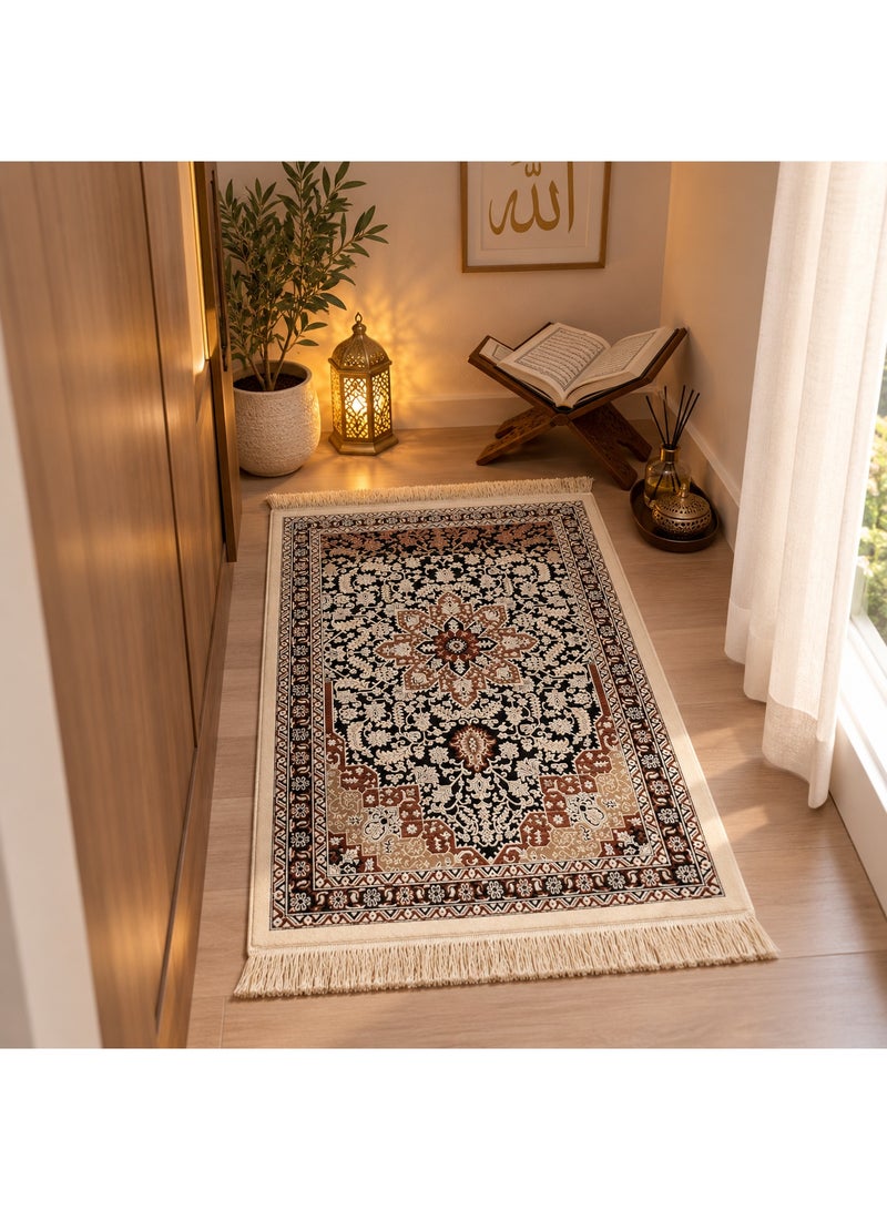 Prayer Mat 78 x 120 cm, Soft Velvet Salah Rug with Elegant Floral Design, Tassel Fringe & Woven Backing, Foldable Prayer Carpet for Home, Mosque & Travel – Black Brown Cream - Image 3