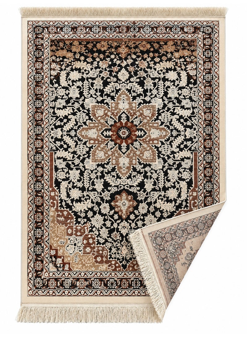 Prayer Mat 78 x 120 cm, Soft Velvet Salah Rug with Elegant Floral Design, Tassel Fringe & Woven Backing, Foldable Prayer Carpet for Home, Mosque & Travel – Black Brown Cream - Image 2