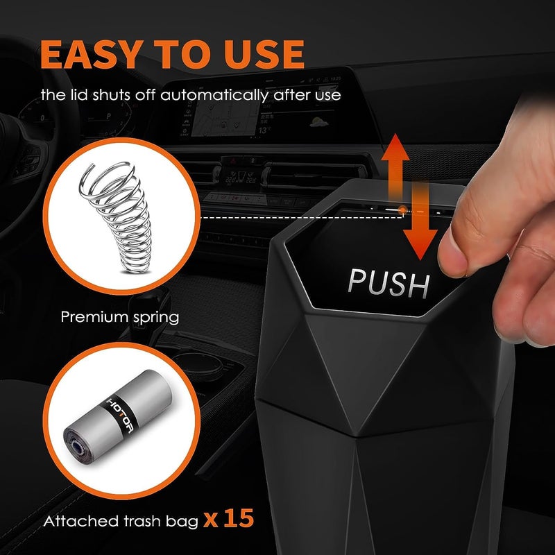 HOTOR Car Trash Can with Lid - 1 Pack, Car Accessories for Interior, Leakproof Vehicle Garbage Can with 15 Attached Trash Bags, Multipurpose Organizers and Storage for Home, Office, Black - Image 2