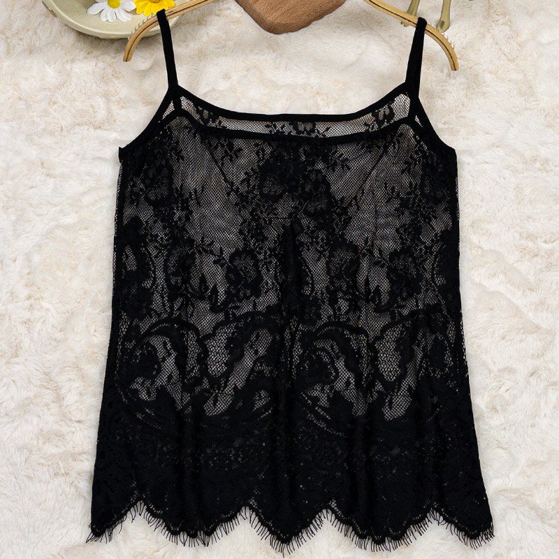 Spaghetti strap lace vest women's mesh top base shirt long new style spaghetti strap skirt black hem lace butt - Image 3