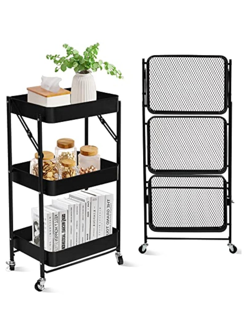 POWER 3 Tier Foldable Metal Rolling Utility Cart Organizer, Multipurpose Organizer Trolley With Casters For Kitchen, Bedroom, Bathroom, Office, Laundry Room And Garage Black - Image 1