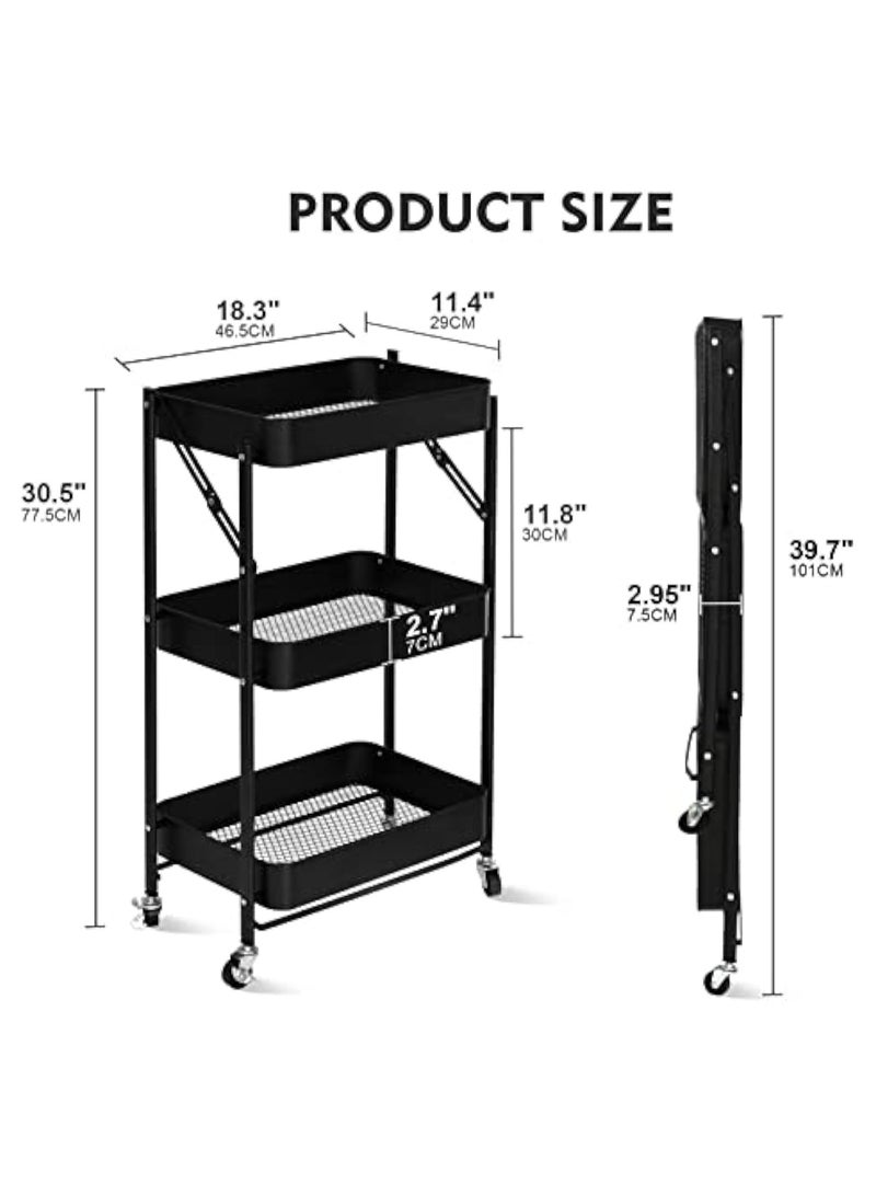 POWER 3 Tier Foldable Metal Rolling Utility Cart Organizer, Multipurpose Organizer Trolley With Casters For Kitchen, Bedroom, Bathroom, Office, Laundry Room And Garage Black - Image 2