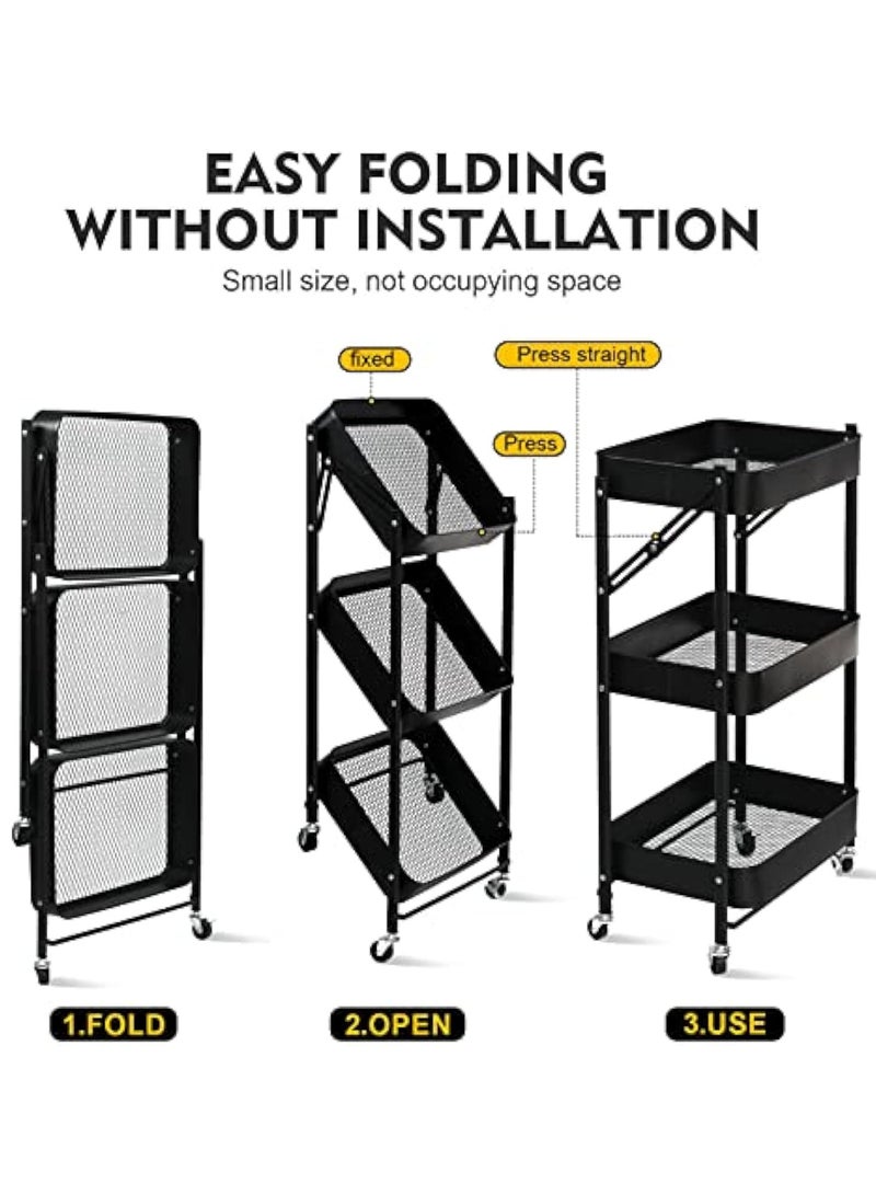 POWER 3 Tier Foldable Metal Rolling Utility Cart Organizer, Multipurpose Organizer Trolley With Casters For Kitchen, Bedroom, Bathroom, Office, Laundry Room And Garage Black - Image 3
