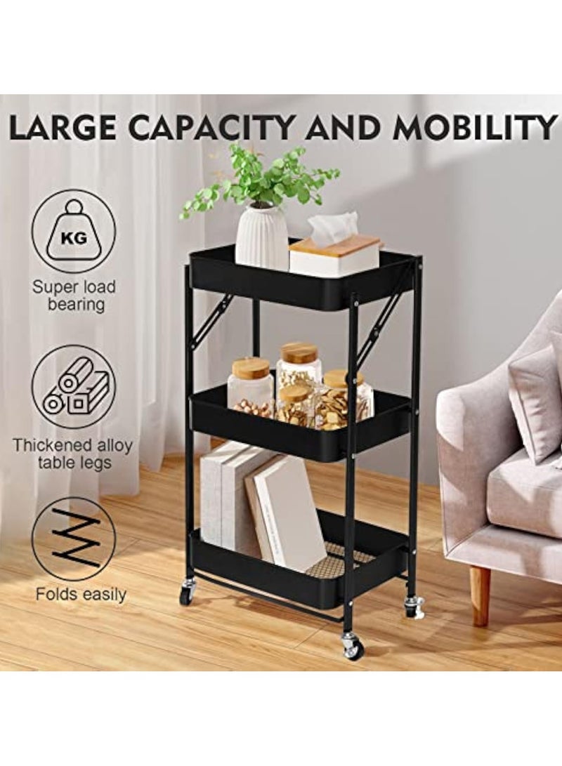 POWER 3 Tier Foldable Metal Rolling Utility Cart Organizer, Multipurpose Organizer Trolley With Casters For Kitchen, Bedroom, Bathroom, Office, Laundry Room And Garage Black - Image 4