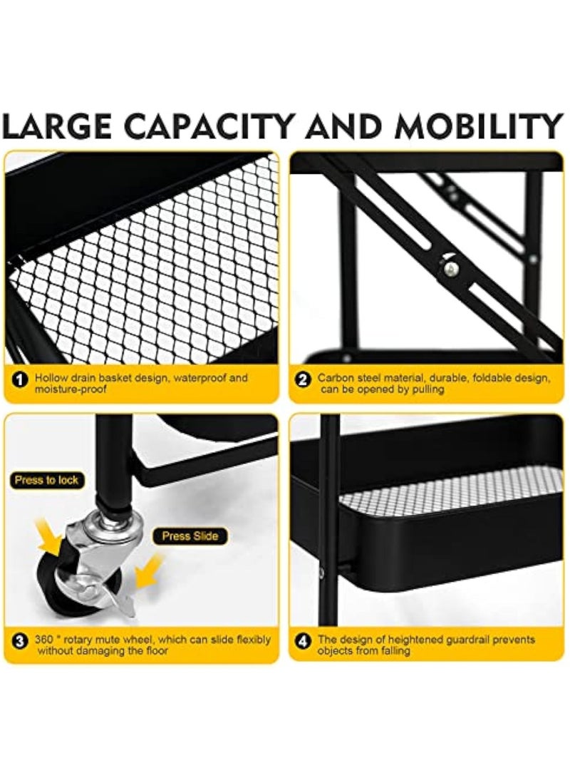 POWER 3 Tier Foldable Metal Rolling Utility Cart Organizer, Multipurpose Organizer Trolley With Casters For Kitchen, Bedroom, Bathroom, Office, Laundry Room And Garage Black - Image 5