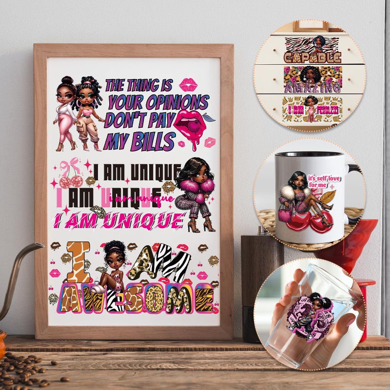 Rngmsi Black Women UV DTF Wraps - 8 Sheets African American Women UVDTF Decals for 16 oz Glass Cups, Inspirational Transfer Stickers, Waterproof Rub on Transfer for Water Bottle, DIY Crafts - Image 4
