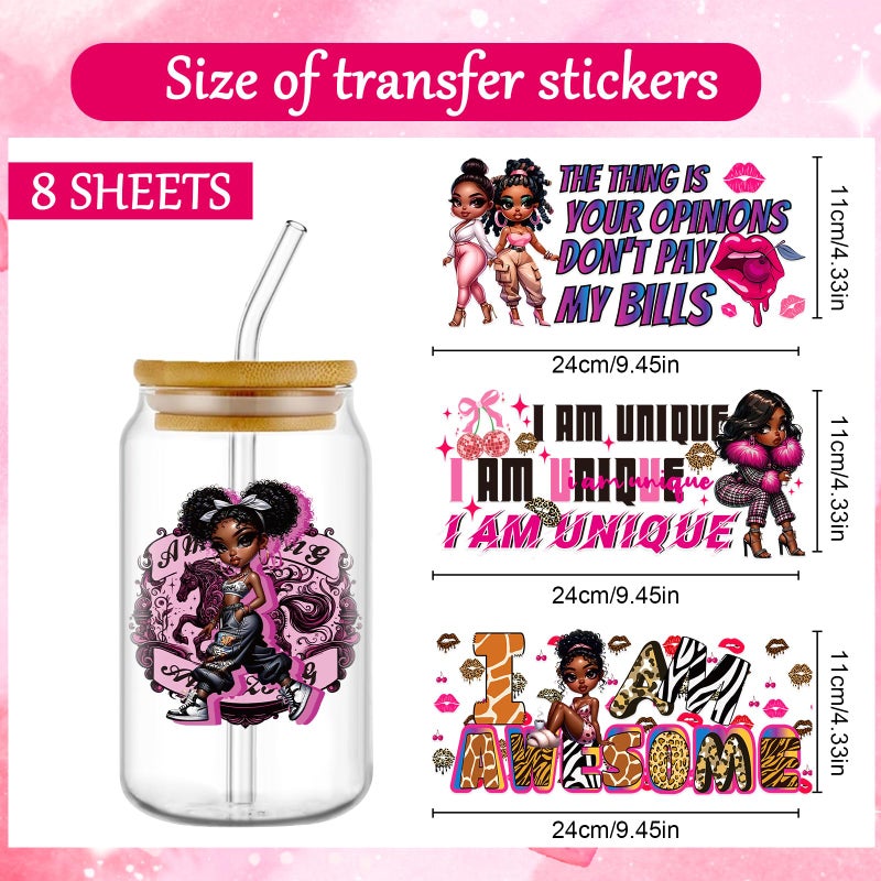 Rngmsi Black Women UV DTF Wraps - 8 Sheets African American Women UVDTF Decals for 16 oz Glass Cups, Inspirational Transfer Stickers, Waterproof Rub on Transfer for Water Bottle, DIY Crafts - Image 2