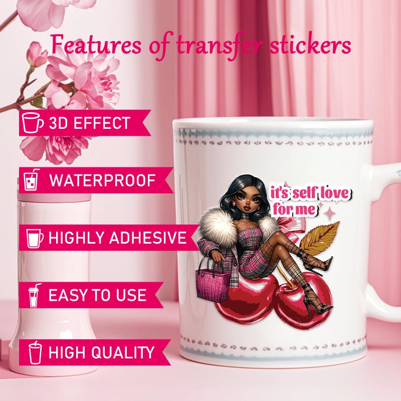 Rngmsi Black Women UV DTF Wraps - 8 Sheets African American Women UVDTF Decals for 16 oz Glass Cups, Inspirational Transfer Stickers, Waterproof Rub on Transfer for Water Bottle, DIY Crafts - Image 3