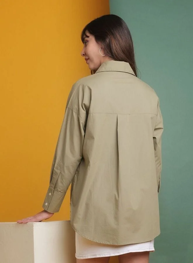 Freehand  Women Oversized Fit Solid Round Neck Long Sleeve Oversized Shirt  | Best Price UAE