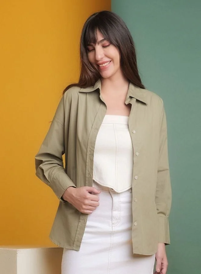 Freehand  Women Oversized Fit Solid Round Neck Long Sleeve Oversized Shirt  | Best Price UAE