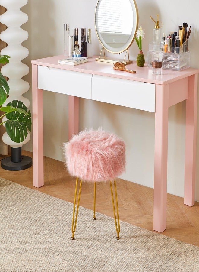 IBUYKE Faux Fur Vanity Stool Chair, Furry Makeup Stool Ottoman, Soft Padded Seat, Round Footrest Footstools with 4 Metal Legs, for Living Room Bedroom Entryway, Pink LG-32P - Image 2