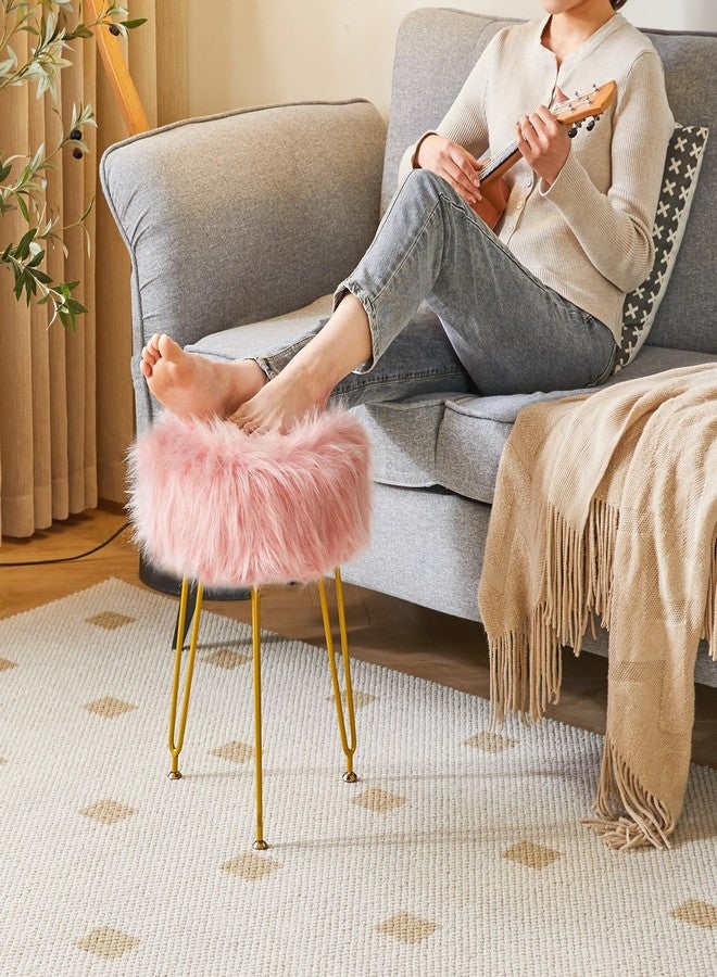 IBUYKE Faux Fur Vanity Stool Chair, Furry Makeup Stool Ottoman, Soft Padded Seat, Round Footrest Footstools with 4 Metal Legs, for Living Room Bedroom Entryway, Pink LG-32P - Image 3
