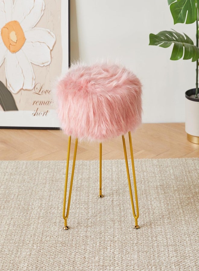 IBUYKE Faux Fur Vanity Stool Chair, Furry Makeup Stool Ottoman, Soft Padded Seat, Round Footrest Footstools with 4 Metal Legs, for Living Room Bedroom Entryway, Pink LG-32P - Image 1