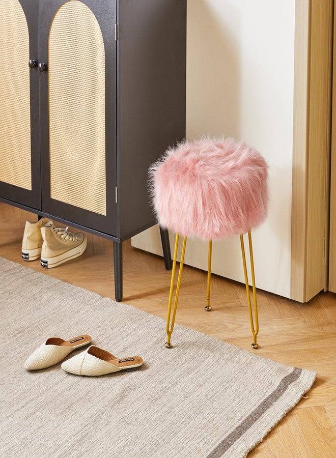 IBUYKE Faux Fur Vanity Stool Chair, Furry Makeup Stool Ottoman, Soft Padded Seat, Round Footrest Footstools with 4 Metal Legs, for Living Room Bedroom Entryway, Pink LG-32P - Image 4