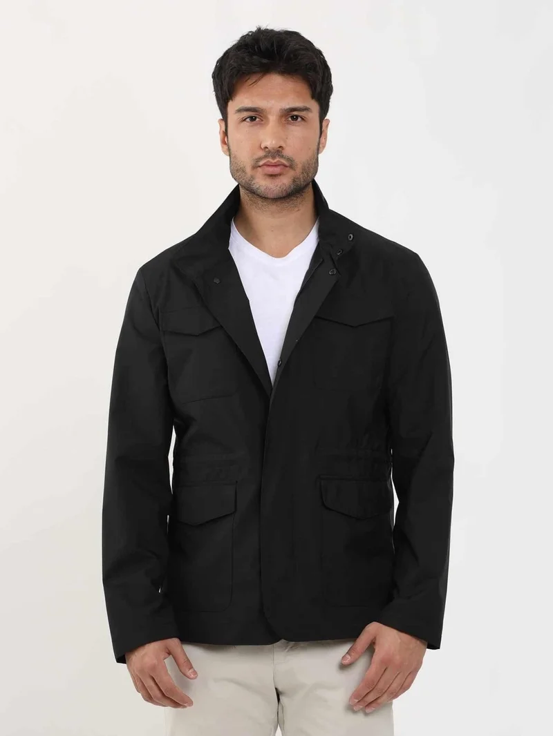 Dufy Black Men's Regular Fit Plain Stand Collar Safari Coat - 104384