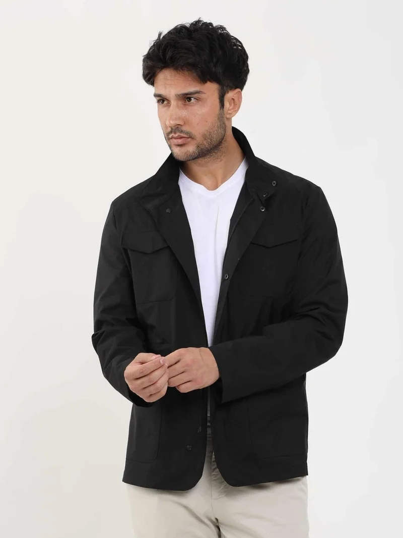 Dufy Black Men's Regular Fit Plain Stand Collar Safari Coat - 104384