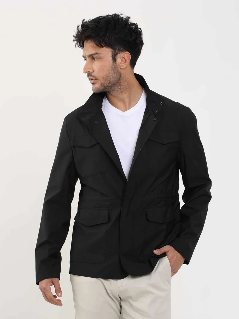 Dufy Black Men's Regular Fit Plain Stand Collar Safari Coat - 104384