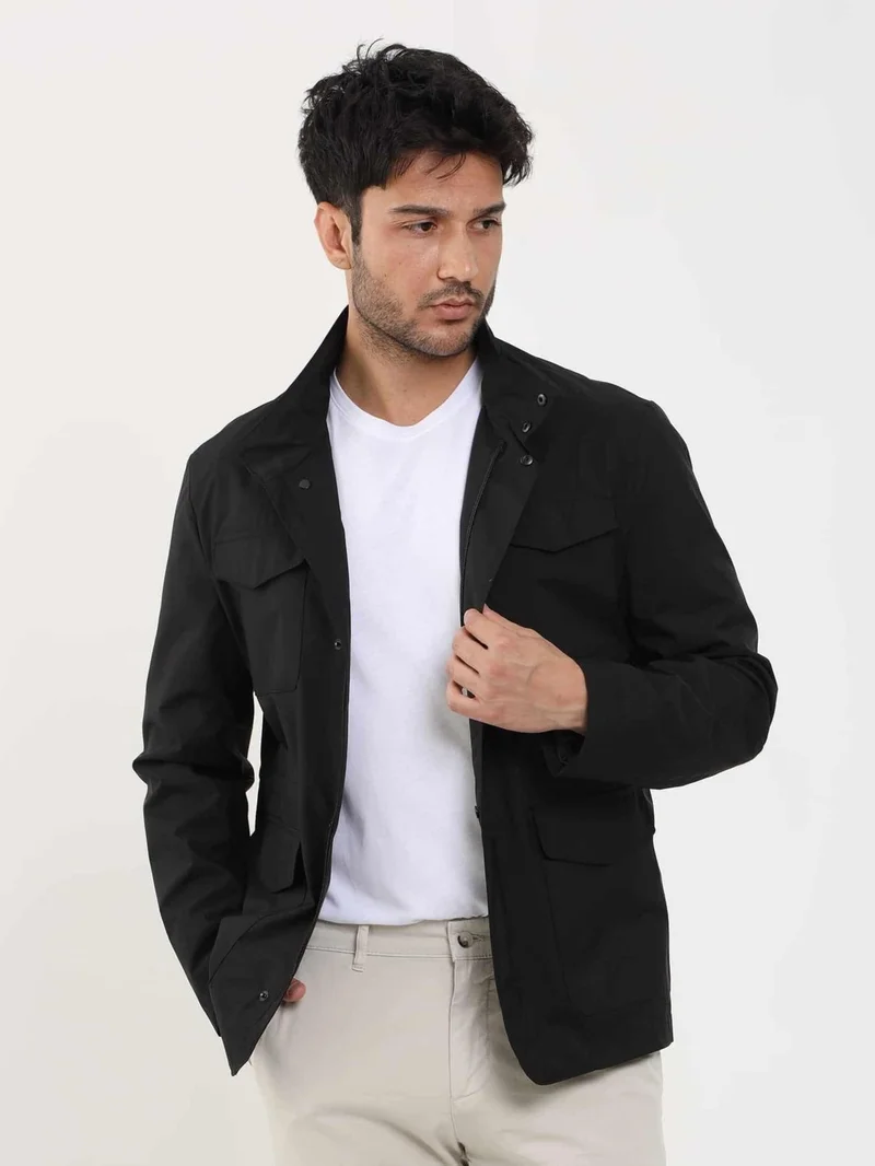 Dufy Black Men's Regular Fit Plain Stand Collar Safari Coat - 104384