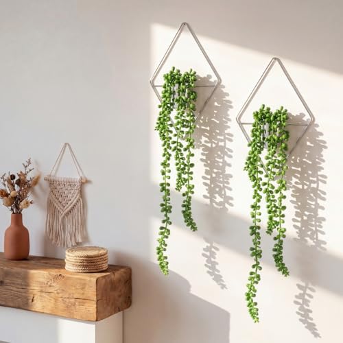 Canlierr 2 Pieces Wall Decor Hanging Planters with Artificial Plants Metal Hanging Vase Indoor Plants Holder Modern Boho Wall Art for Bathroom Bedroom Living Room Decor, Silver, Succulents - Image 1