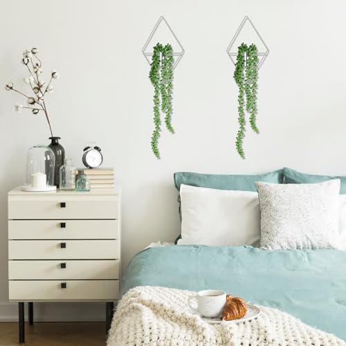 Canlierr 2 Pieces Wall Decor Hanging Planters with Artificial Plants Metal Hanging Vase Indoor Plants Holder Modern Boho Wall Art for Bathroom Bedroom Living Room Decor, Silver, Succulents - Image 5
