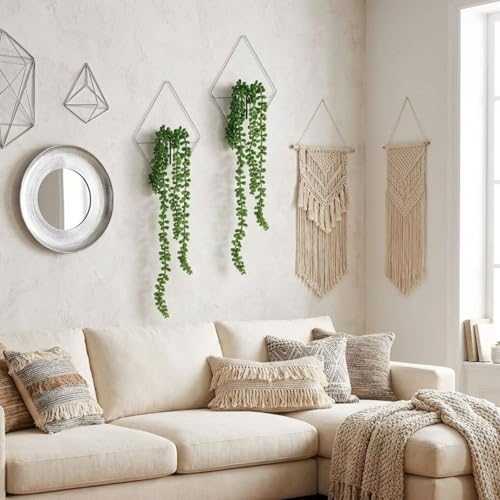 Canlierr 2 Pieces Wall Decor Hanging Planters with Artificial Plants Metal Hanging Vase Indoor Plants Holder Modern Boho Wall Art for Bathroom Bedroom Living Room Decor, Silver, Succulents - Image 4