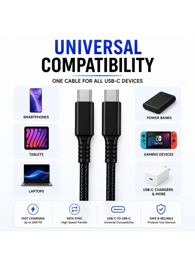 إبريت يبريت كيوب برو كابل USB-C إلى USB-C نايلون للشحن السريع بقدرة 65 واط PD بطول 100 سم، كابل Type-C مضفر للشحن ونقل البيانات، أسود - Image 3
