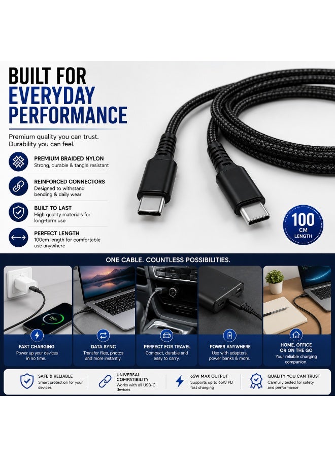 إبريت يبريت كيوب برو كابل USB-C إلى USB-C نايلون للشحن السريع بقدرة 65 واط PD بطول 100 سم، كابل Type-C مضفر للشحن ونقل البيانات، أسود - Image 1