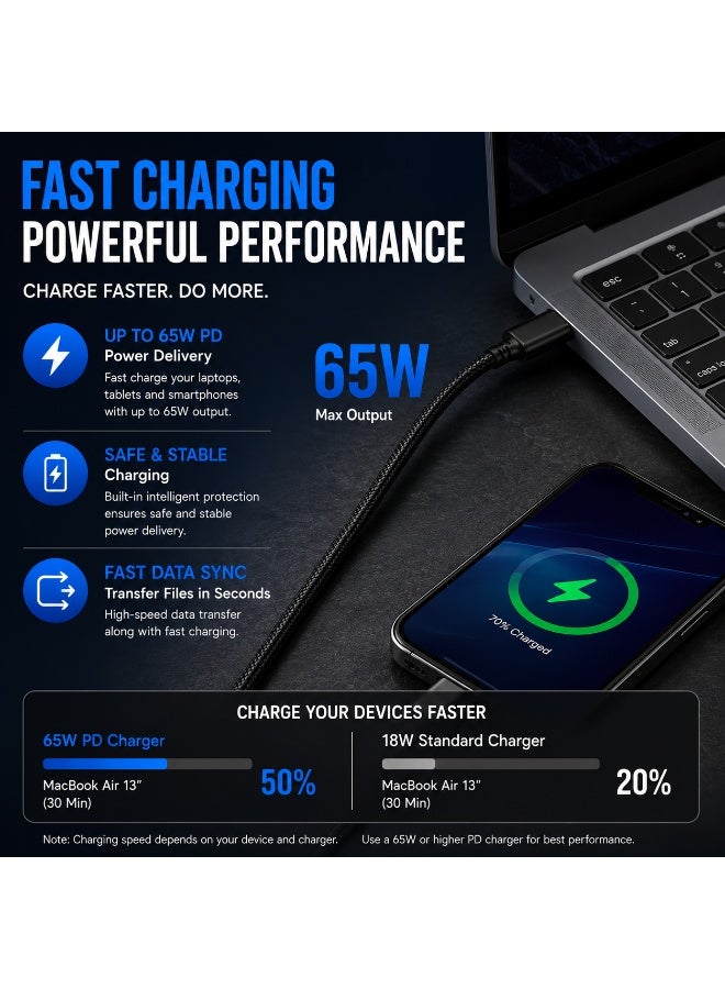 إبريت يبريت كيوب برو كابل USB-C إلى USB-C نايلون للشحن السريع بقدرة 65 واط PD بطول 100 سم، كابل Type-C مضفر للشحن ونقل البيانات، أسود - Image 2