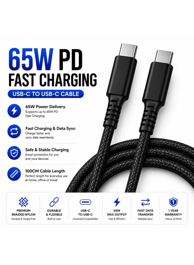 إبريت يبريت كيوب برو كابل USB-C إلى USB-C نايلون للشحن السريع بقدرة 65 واط PD بطول 100 سم، كابل Type-C مضفر للشحن ونقل البيانات، أسود - Image 4