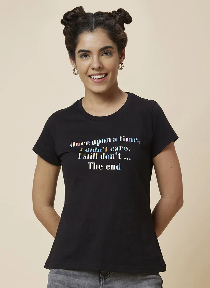 globus Globus Women Black Typography Printed Pure Cotton T-Shirt