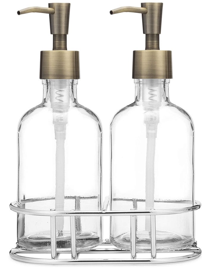 GLASS HAND AND SOAP DISPENSER SET WITH METAL PUMP INCLUDES CHROME METAL CADDY 8OZ LUXE STAINLESS