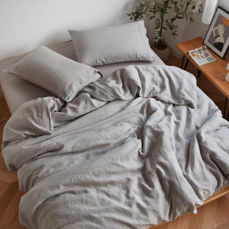 Sijo Stone Washed Organic French Linen Bed Sheet Set GOTS Certified Organic Best Cooling Linen Sheet Award by Sleep Foundation 3 Piece 2 Pillowcases and 1 Fitted Sheet Dove King