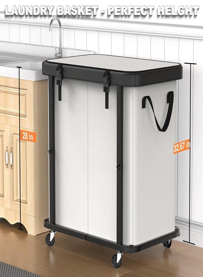 alentar 190L (50 Gal) Large Fashion Laundry Basket with Wheels, Leather Patchwork Rolling Hamper Carts, Sturdy Metal Frame, Removable Washable Bag, Tall Clothes Sorter for Bedroom, Laundry Room - Beige - Image 4