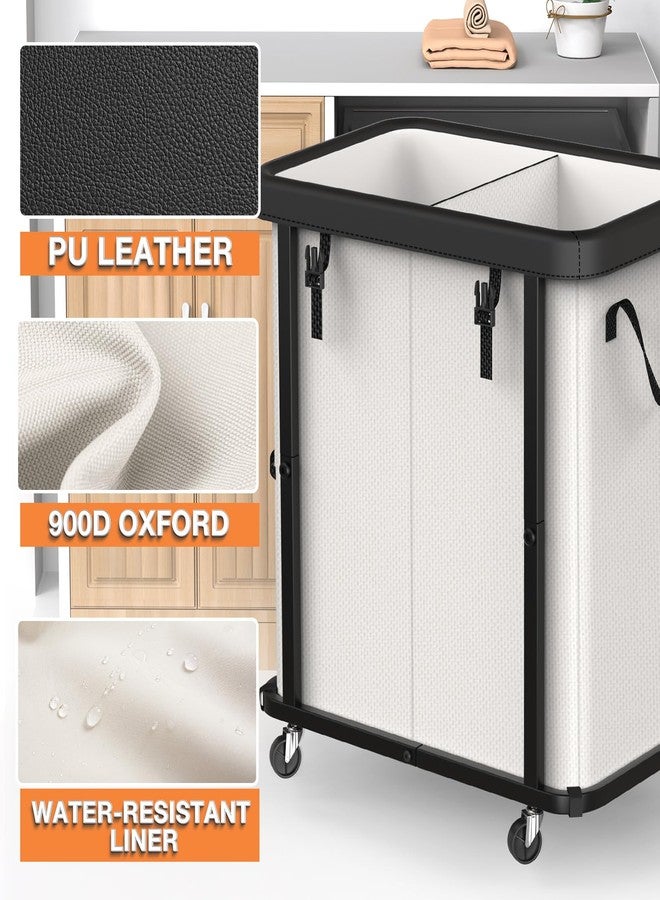 alentar 190L (50 Gal) Large Fashion Laundry Basket with Wheels, Leather Patchwork Rolling Hamper Carts, Sturdy Metal Frame, Removable Washable Bag, Tall Clothes Sorter for Bedroom, Laundry Room - Beige - Image 2