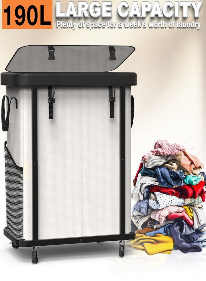 alentar 190L (50 Gal) Large Fashion Laundry Basket with Wheels, Leather Patchwork Rolling Hamper Carts, Sturdy Metal Frame, Removable Washable Bag, Tall Clothes Sorter for Bedroom, Laundry Room - Beige - Image 3