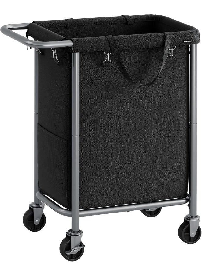 SONGMICS سلة غسيل بعجلات، سلة غسيل متحركة، 23.8 جالون (90 لتر)، بطانة قابلة للإزالة، إطار فولاذي مع مقبض، تخزين البطانيات، 24 × 11.4 × 31.9 بوصة، أسود حبر - Image 1