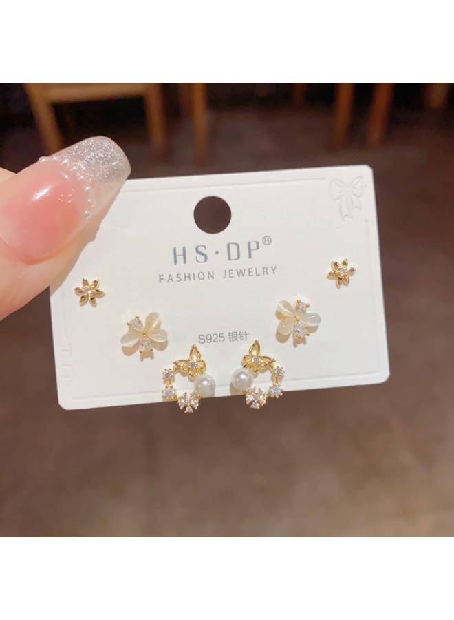 S925 Silver Needle Micro Inlaid Zircon Short Earrings Short Hair Earrings And Korean Elegant All-match Simple Three-piece Set Earrings For Women 