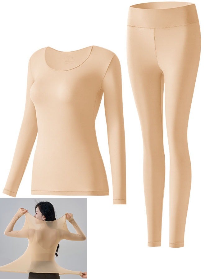 VUCATIN Women Thick Thermal Underwear Set Ladies Self-heating Long Johns Thermal Set Premium Soft Hyaluronic Acid Water-locking Base Layer Tops & Bottoms for Hiking (Beige) - Image 1