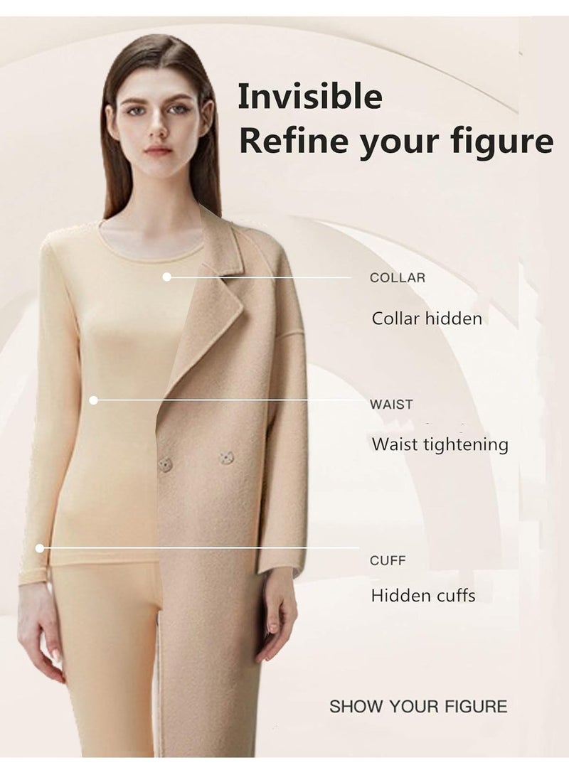 VUCATIN Women Thick Thermal Underwear Set Ladies Self-heating Long Johns Thermal Set Premium Soft Hyaluronic Acid Water-locking Base Layer Tops & Bottoms for Hiking (Beige) - Image 2