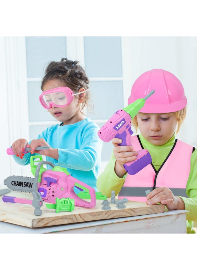 EP EXERCISE N PLAY Kids Tool Set, Pink Tool Set for Girls with Toy Chainsaw, Electric Toy Drill, Hammer, Working Vest, Accessories, Construction Pretend STEM Toy Tool Kit for Toddlers Ages 3 4 5 6 7 Years Old  - Image 3