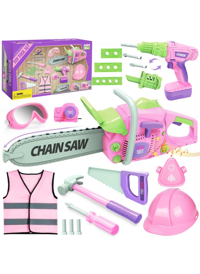 EP EXERCISE N PLAY Kids Tool Set, Pink Tool Set for Girls with Toy Chainsaw, Electric Toy Drill, Hammer, Working Vest, Accessories, Construction Pretend STEM Toy Tool Kit for Toddlers Ages 3 4 5 6 7 Years Old  - Image 1