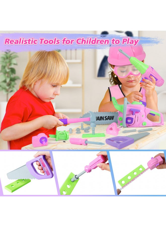 EP EXERCISE N PLAY Kids Tool Set, Pink Tool Set for Girls with Toy Chainsaw, Electric Toy Drill, Hammer, Working Vest, Accessories, Construction Pretend STEM Toy Tool Kit for Toddlers Ages 3 4 5 6 7 Years Old  - Image 2