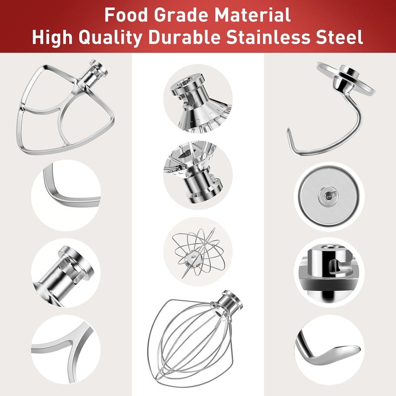 XINCAN Stainless Steel Stand Mixer Attachments 3-Piece (4.5-5QT Flat Beater, 4.5-5QT Dough Hook, K45WW 6-Wire Whip Attachment) for KitchenAid Tilt-Head Stand Mixer and 4.5-5 Quart Bowl, Dishwasher Safe - Image 2