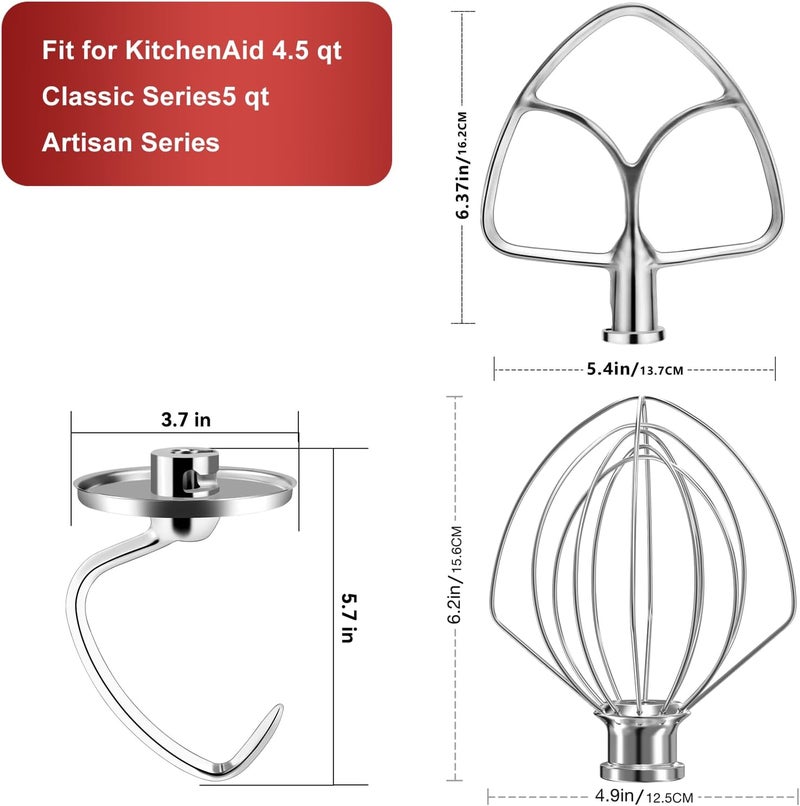 XINCAN Stainless Steel Stand Mixer Attachments 3-Piece (4.5-5QT Flat Beater, 4.5-5QT Dough Hook, K45WW 6-Wire Whip Attachment) for KitchenAid Tilt-Head Stand Mixer and 4.5-5 Quart Bowl, Dishwasher Safe - Image 3