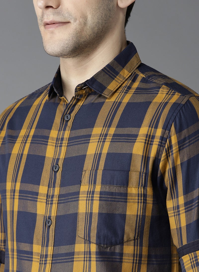 Dennis Lingo Men's Slim Fit Mustard and Blue Casual Cotton Spread Shirt - Image 2