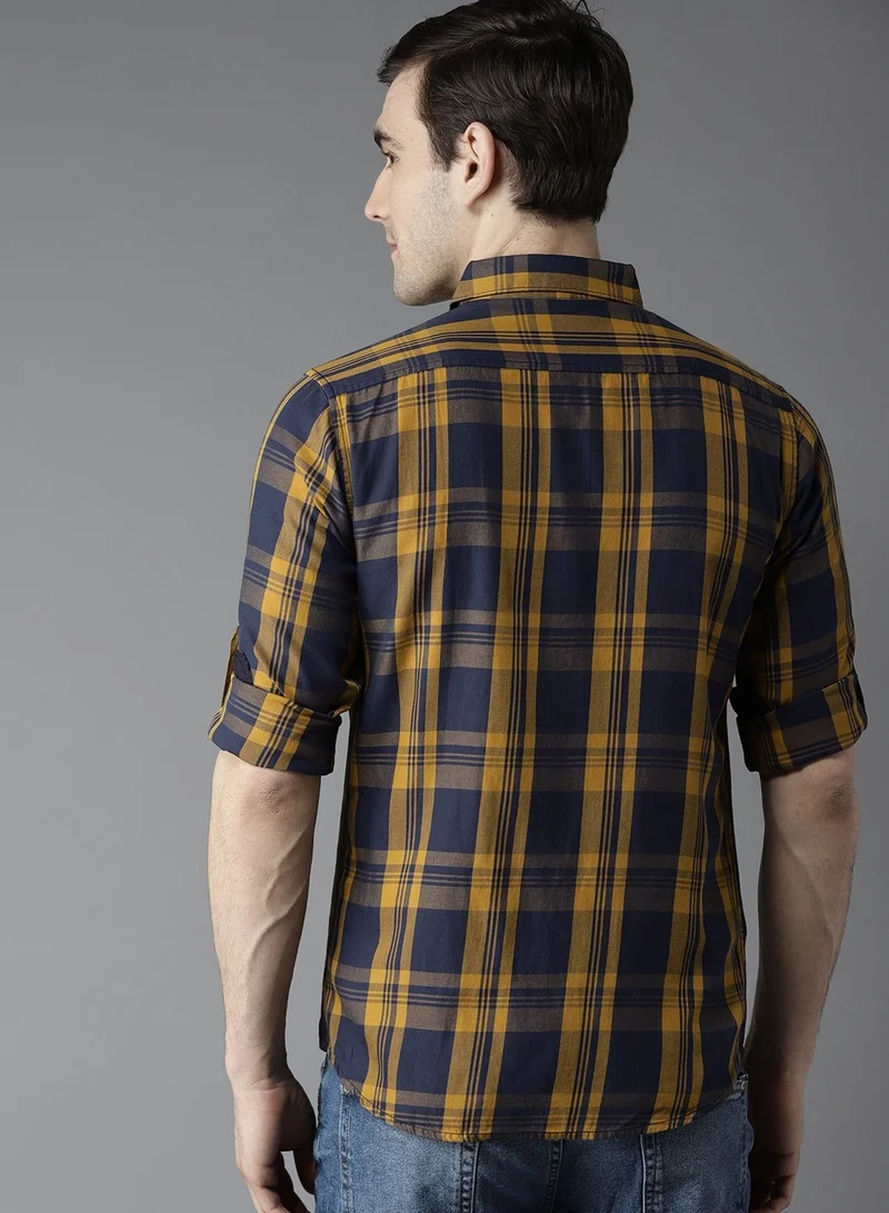 Dennis Lingo  Men's Slim Fit Mustard and Blue Casual Cotton Spread Shirt for Men | Best Price UAE