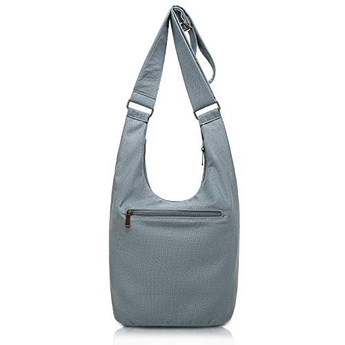 Coton Pose Women's large capacity Hippie Crossbody Bag Top Zip Cotton Sling Bag Jacquard cloth Handmade Bags(Blue Grey) - Image 2