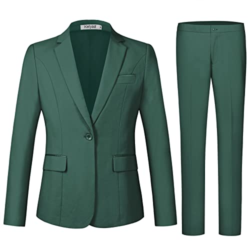 Kelyaa Women's 2 Piece Suit Notched Lapel One Button Slim Fit Business Office Work Tuxedo Blazer Pants Set Dark Green - Image 3