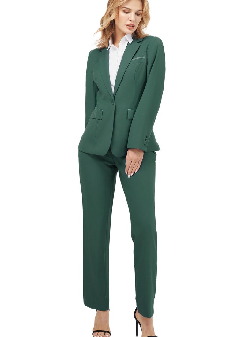 Kelyaa Women's 2 Piece Suit Notched Lapel One Button Slim Fit Business Office Work Tuxedo Blazer Pants Set Dark Green - Image 5