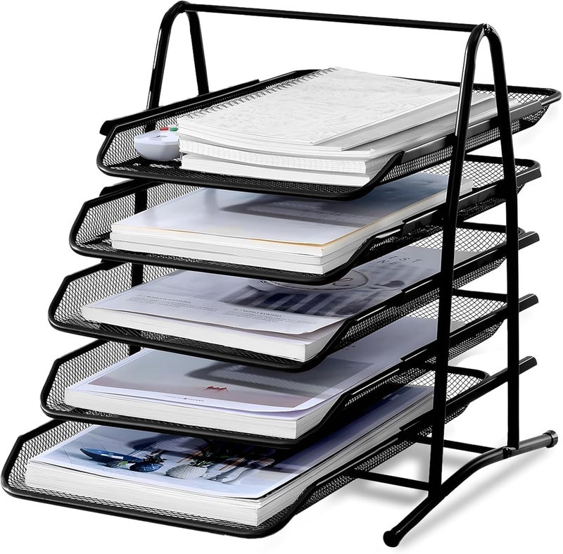 SKY-TOUCH 5 Tier Paper Tray : Desktop Organizer File Storage With Sliding Tray Stackable File Rack Metal Mesh Letter Trays For Office Study Room School Desktop Organization (Black) - Image 1